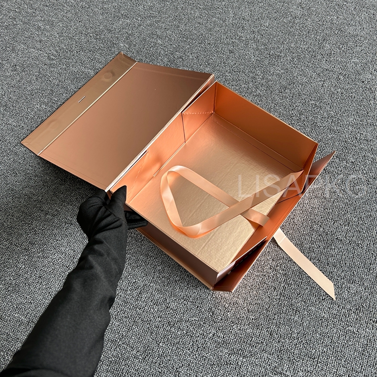 Custom Logo Cosmetics Skincare Magnetic Rose Gold Gift Packaging Boxes with ribbon tie 