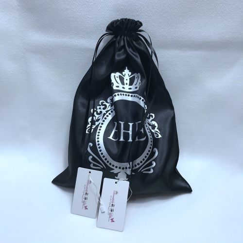 Custom black satin dust wig hair silk bags with silver logo for bundles