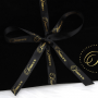 Custom black velvet Envelope bag for wig hair with gold logo and ribbon tie 